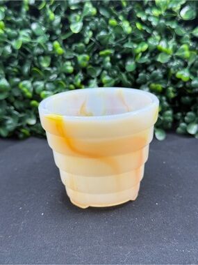 Vintage Akro Agate Orange & Yellow Slag Glass Miniature Planter Flower Pot